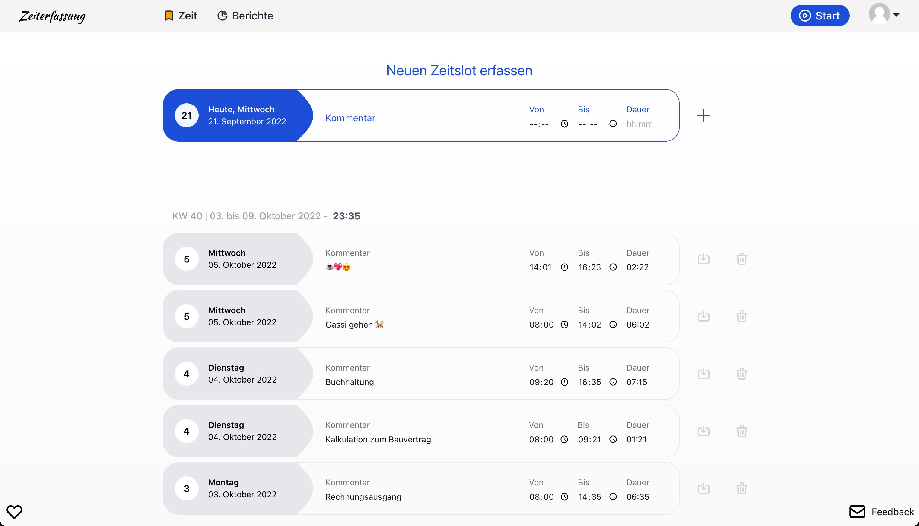 Zeiten erfassen mit der Arbeitszeiterfassung.