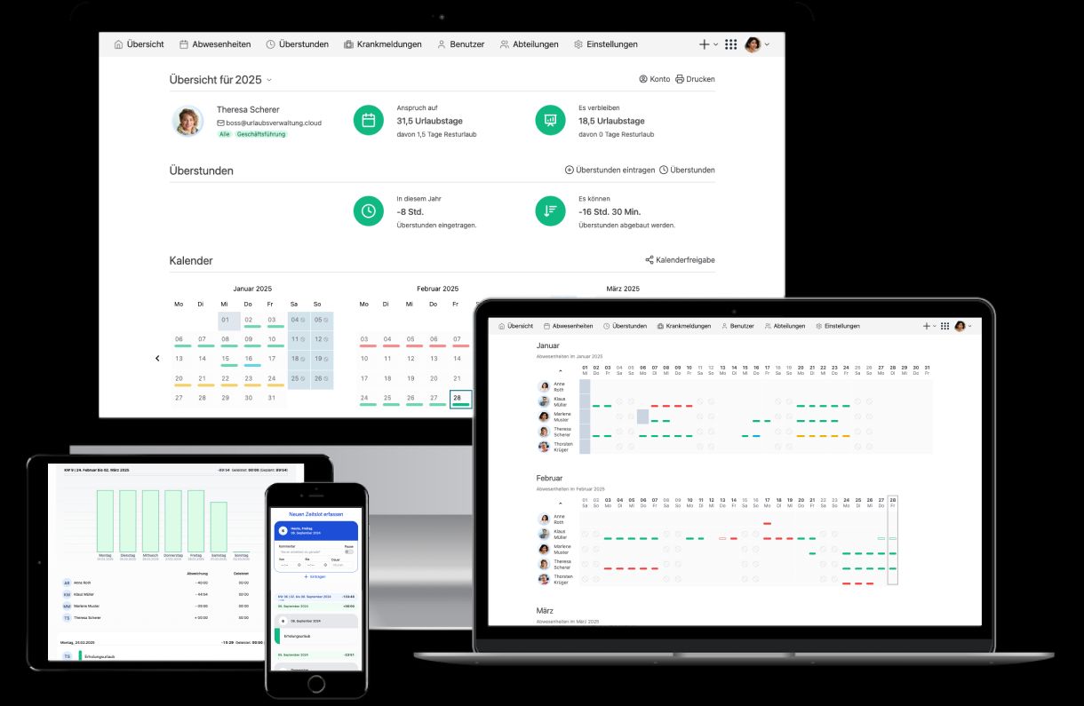 Startseite der Urlaubsverwaltung mit kalendarischer Abwesenheitsübersicht
